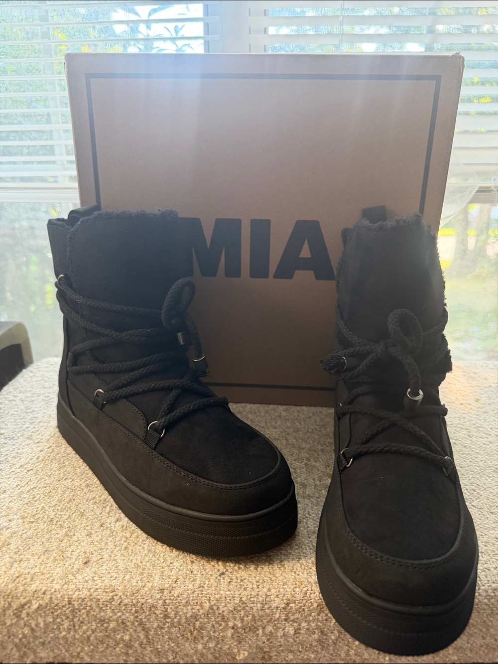 MIA Black Lace-Up Faux Fur Platform Ankle Boots